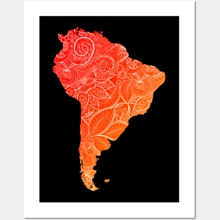 Colorful mandala art map of South America with text in blue and violet Colorful mandala art map of South America with text in red and orange Posters and Art